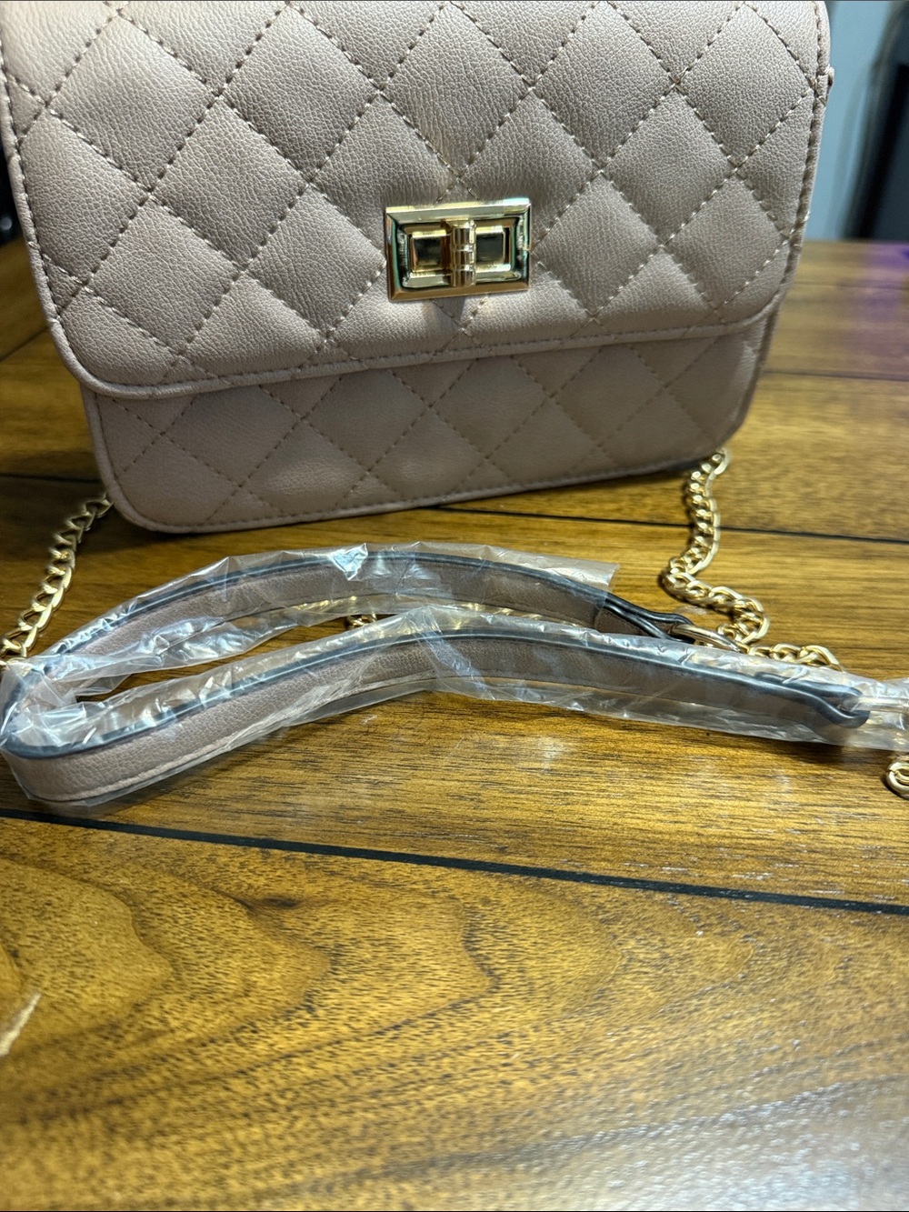 Quilted Nude Crossbody Bag with Gold Chain Strap